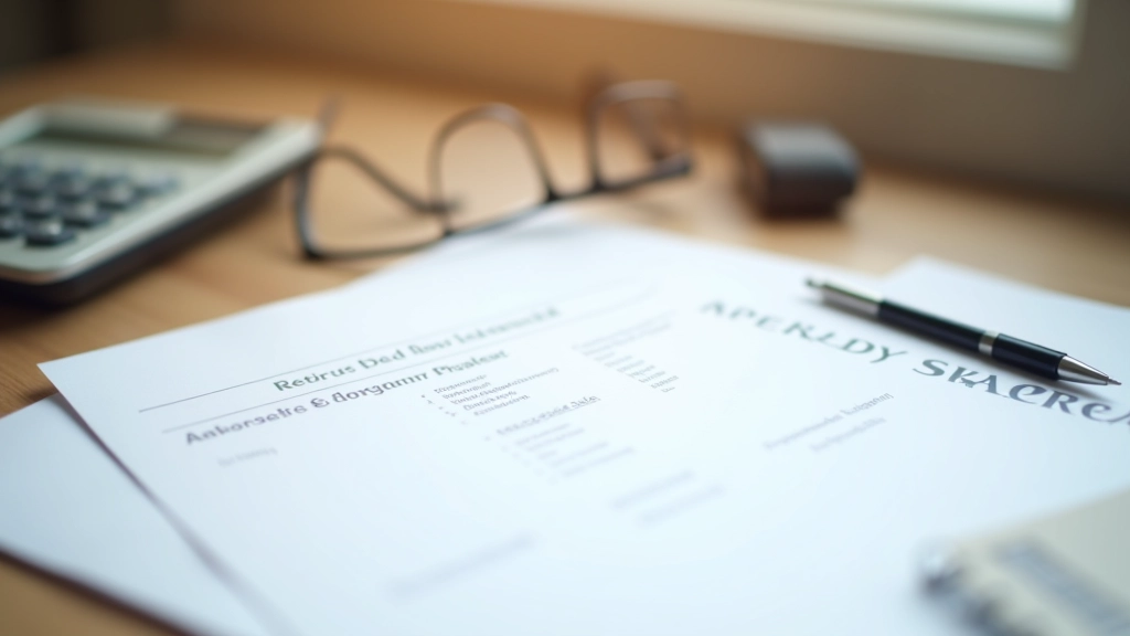 Kancelářský stůl s doklady o důchodu a kalkulačkou