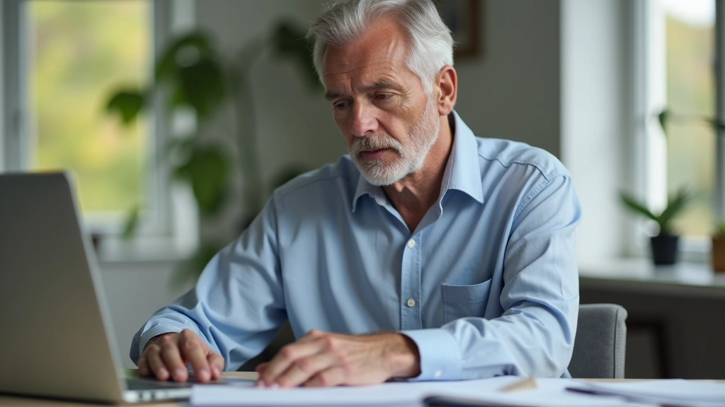 Muž v brýlích sedí u stolu s notebookem a počítá své pojistné doby