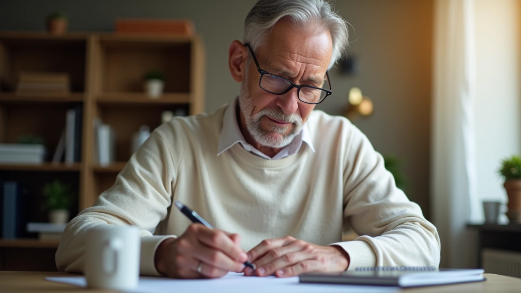 Osoba s brýlemi čte důchodový dokument a dělá si poznámky