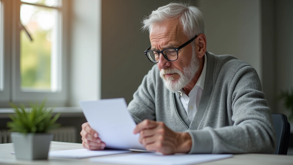 Starší muž si pečlivě prohlíží výpis ze svého důchodového účtu u stolu s dokumenty
